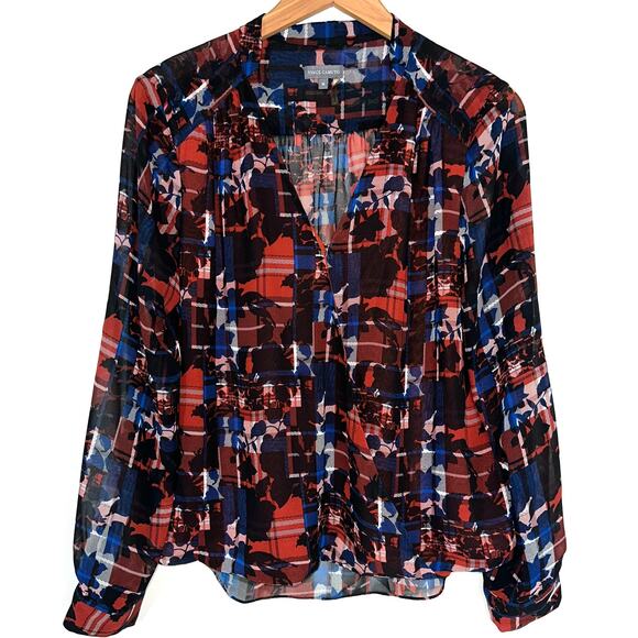 Vince Camuto Plaid Floral Red Blue Surplice V-Neck Long Sleeve Blouse Size M - Picture 1 of 13
